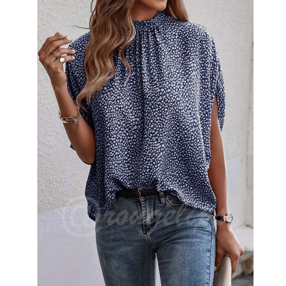 Multicolor, Spotty Dalmatian Print, Blue Casual Top, Blouse Stand Collar Shirt - Picture 4 of 12